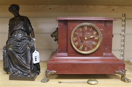 A 19th century French bronze and rouge marble mantel clock, 21.5in.